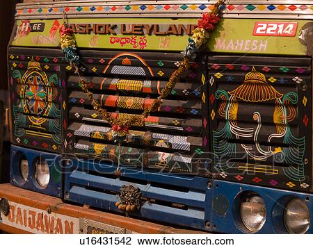 Stock Image - "Varanasi, India - Painted front of a truck". Fotosearch