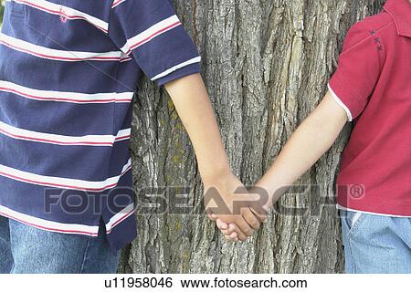 Stock Photograph - 2 brothers hold hands standing beside tree, Winnipeg, Canada. Fotosearch