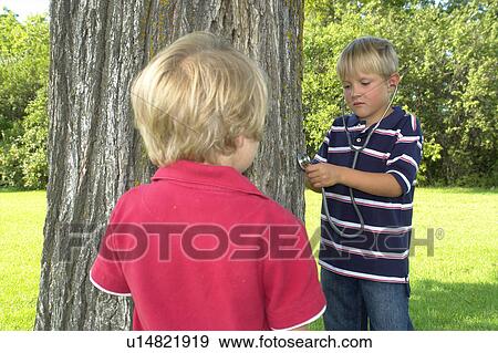 Stock Photo - Brothers with stethescope on tree, Winnipeg, Canada. Fotosearch