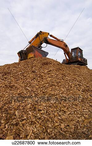 Stock Image - Cedar wood chips and loader, Port Alberti, BC . Fotosearch