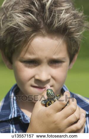 Stock Photo - Eight year old boy holding turtle, Winnipeg, Canada. Fotosearch