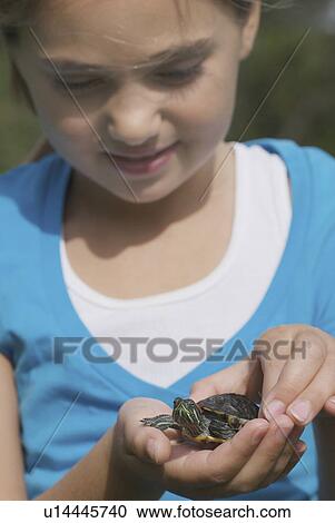 Stock Image - Eight year old girl with turtle, Winnipeg, Canada. Fotosearch