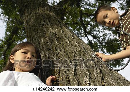 Stock Image - Five and seven year old sister and brother with stethescope on tree, Winnipeg, Canada. Fotosearch