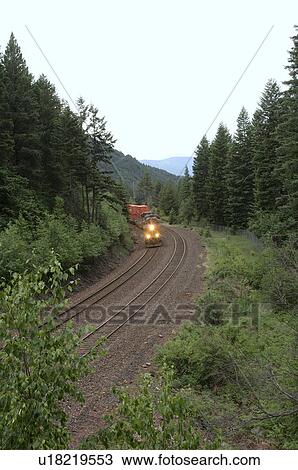 Freight train in forest climbing a hill, Montana, USA View Large Photo Image Stock Image - Freight train in forest climbing a hill, Montana, USA. Fotosearch