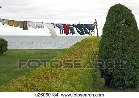 Picture - Laundry drying outside by the St Lawrence River on a windy day, Gaspesie, Quebec. Fotosearch