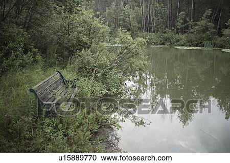 Stock Image - Old bench beside pond, Quebec. Fotosearch