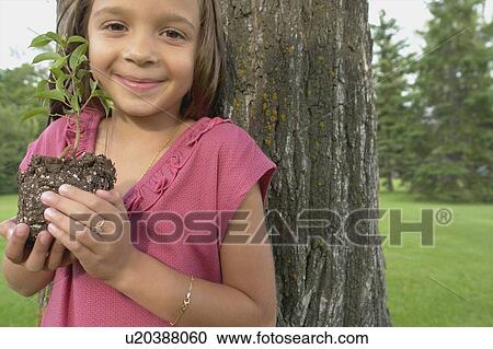 Stock Image - Seven year old girl holding seedling beside tree, Winnipeg, Canada. Fotosearch