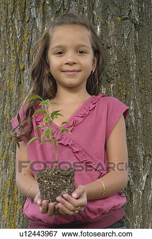 Stock Photo - Seven year old girl holding seedling beside tree, Winnipeg, Canada. Fotosearch