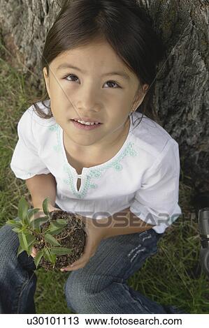 Stock Image - Six year old girl holding small tree, looking upward, Winnipeg, Canada. Fotosearch