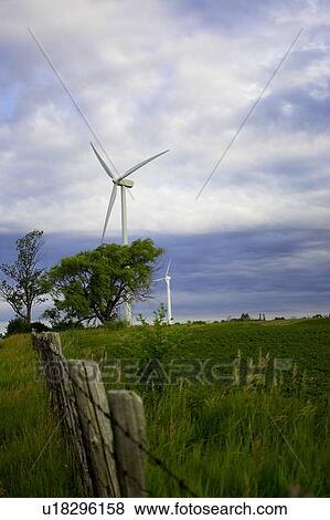 Stock Photo - Two wind turbines in country setting, Tiverton, Bruce Peninsula, Ontario. Fotosearch