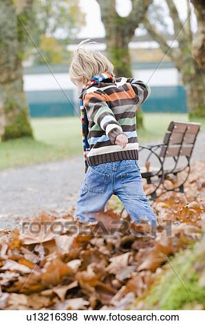 Stock Photo - Young boy strides through autumn leaves, Vancouver, British Columbia. Fotosearch