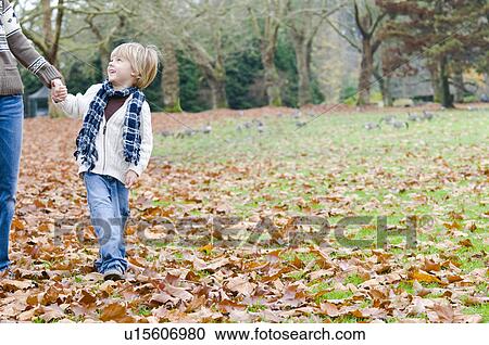 Stock Image - Young boy walking through autumn leaves holding woman's hand, Vancouver, British Columbia. Fotosearch