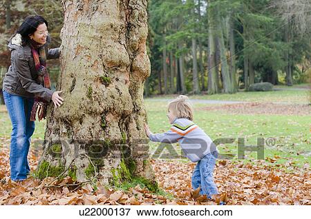 Stock Photo - Young woman and young boy at opposite sides of large tree, Vancouver, British Columbia. Fotosearch