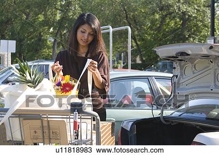 Stock Image - Young woman loading groceries in cloth bags, into car, Winnipeg, Canada. Fotosearch