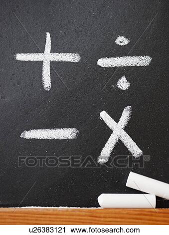 Stock Image - A chalkboard with mathematic symbols on it. Fotosearch
