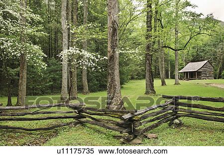 Stock Photography - A fence and building in Smoky Mountain National Park. Fotosearch
