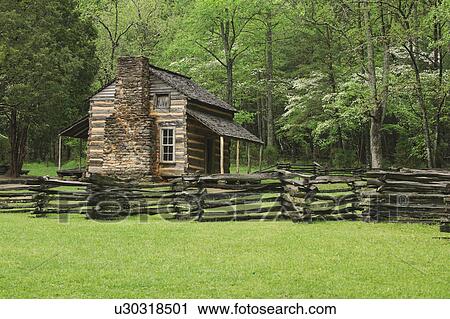 Stock Image - A fence and cabin in Smoky Mountain National Park. Fotosearch