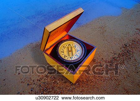 Compass in a box on the beach View Large Photo Image Stock Image - Compass in a box on the beach. Fotosearch