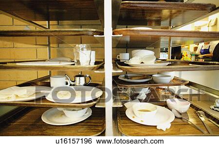 Stock Photograph - Dirty dishes in a cafeteria. Fotosearch