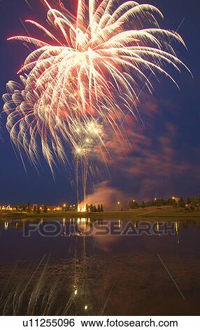 Stock Photograph - Fireworks display On Canada Day Sherwood Park Alberta Canada. Fotosearch