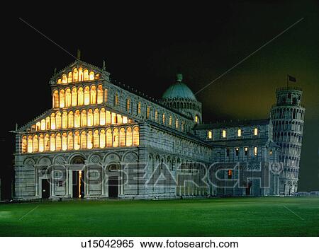 Stock Photography - Leaning tower lit up at night. Fotosearch