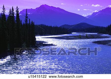 Stock Image - Mountains and a river Jasper National Park Alberta. Fotosearch