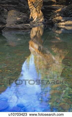 Stock Image - Shallow mountain river with rocky bed. Fotosearch