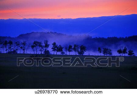 Stock Image - Sunrise over field with trees. Fotosearch