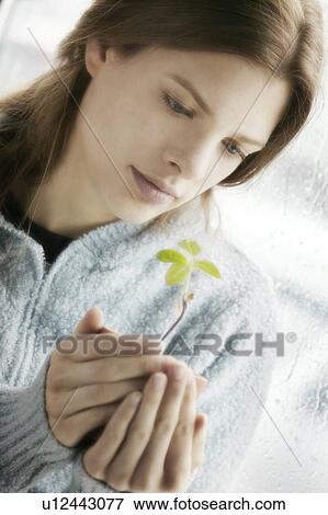 Stock Photo - Young woman with new plant. Fotosearch