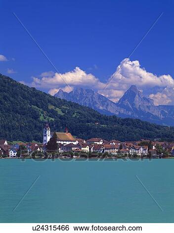 Stock Photograph - Swiss town on lakeside. Fotosearch