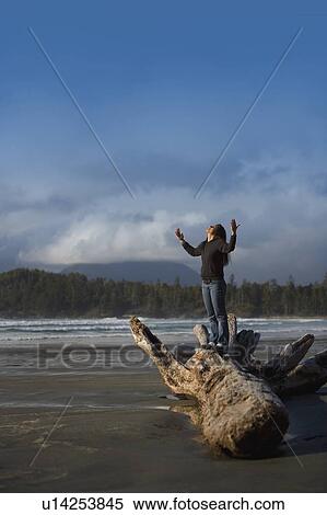 Stock Photography - Woman with raised hands on the beach. Fotosearch