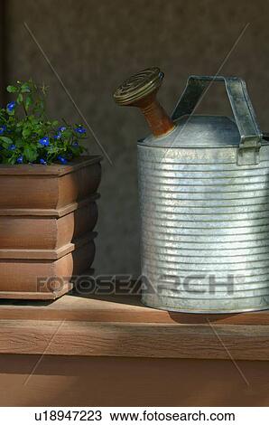 Metal watering can beside planter View Large Photo Image Stock Image - Metal watering can beside planter. Fotosearch
