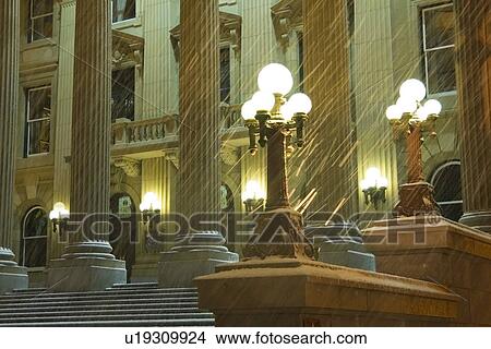 Alberta Legislature at night during snowstorm View Large Photo Image Picture - Alberta Legislature at night during snowstorm . Fotosearch