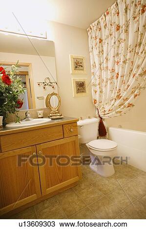 Bathroom in a home with shower, toilet and sink View Large Photo Image Stock Image - Bathroom in a home with shower, toilet and sink. Fotosearch