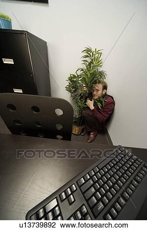Stock Image - Businessman hiding behind a potted plant in an office. Fotosearch