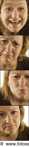 Stock Photo - 4 images of woman with varying faces. Fotosearch