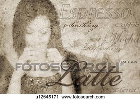 Stock Image - Coffee words around a woman drinking coffee. Fotosearch
