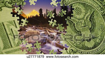 Composite of a US dollar bill and a mountain scene View Large Photo Image Stock Photo - Composite of a US dollar bill and a mountain scene. Fotosearch