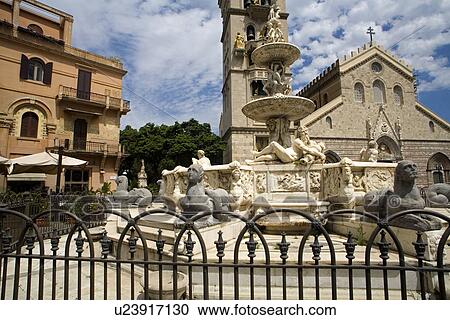 Fountain of Orion and cathedral of Messina, Messina, Sicily, Italy View Large Photo Image Stock Image - Fountain of Orion and cathedral of Messina, Messina, Sicily, Italy. Fotosearch
