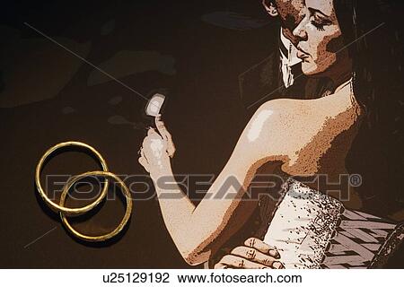 Stock Image - Illustration of bride and groom with wedding bands. Fotosearch