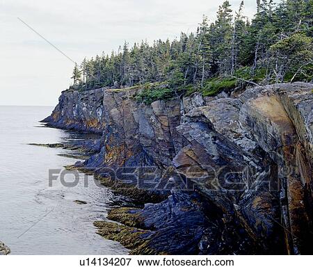 Shoreline with rocky cliffs and forest above View Large Photo Image Stock Photo - Shoreline with rocky cliffs and forest above. Fotosearch