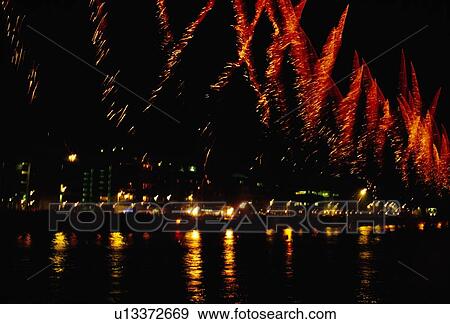 Stock Photo - St Patrick's Day Festival, Firework Display, Custom House Quay, Dublin, Ireland. Fotosearch