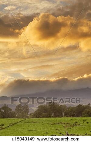 Stock Photo - Sunrise above field with cloudy sky and trees . Fotosearch