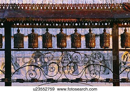 Buddhist prayer wheels, Swayambhunath Temple, Nepal View Large Photo Image Stock Photo - Buddhist prayer wheels, Swayambhunath Temple, Nepal. Fotosearch