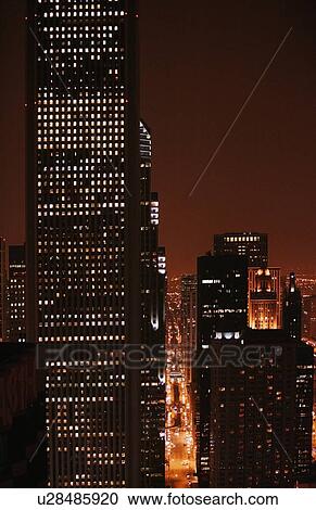 Stock Image - Chicago cityscape at night, Illinois, USA. Fotosearch