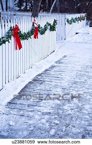 Christmas garland and red bows on a white picket fence View Large Photo Image Stock Photo - Christmas garland and red bows on a white picket fence. Fotosearch