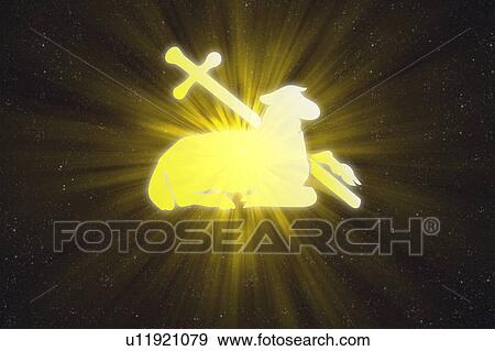 Stock Photo - Illuminated lamb and cross in the sky. Fotosearch