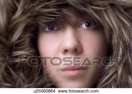 Picture - Portrait of woman with furry coat. Fotosearch