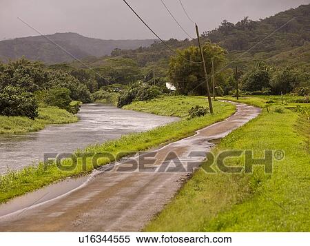 Stock Photography - Road beside a river, Kaui, Hawaii. Fotosearch