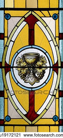Stock Image - Stained glass window, church, Waterloo, Quebec, Canada. Fotosearch